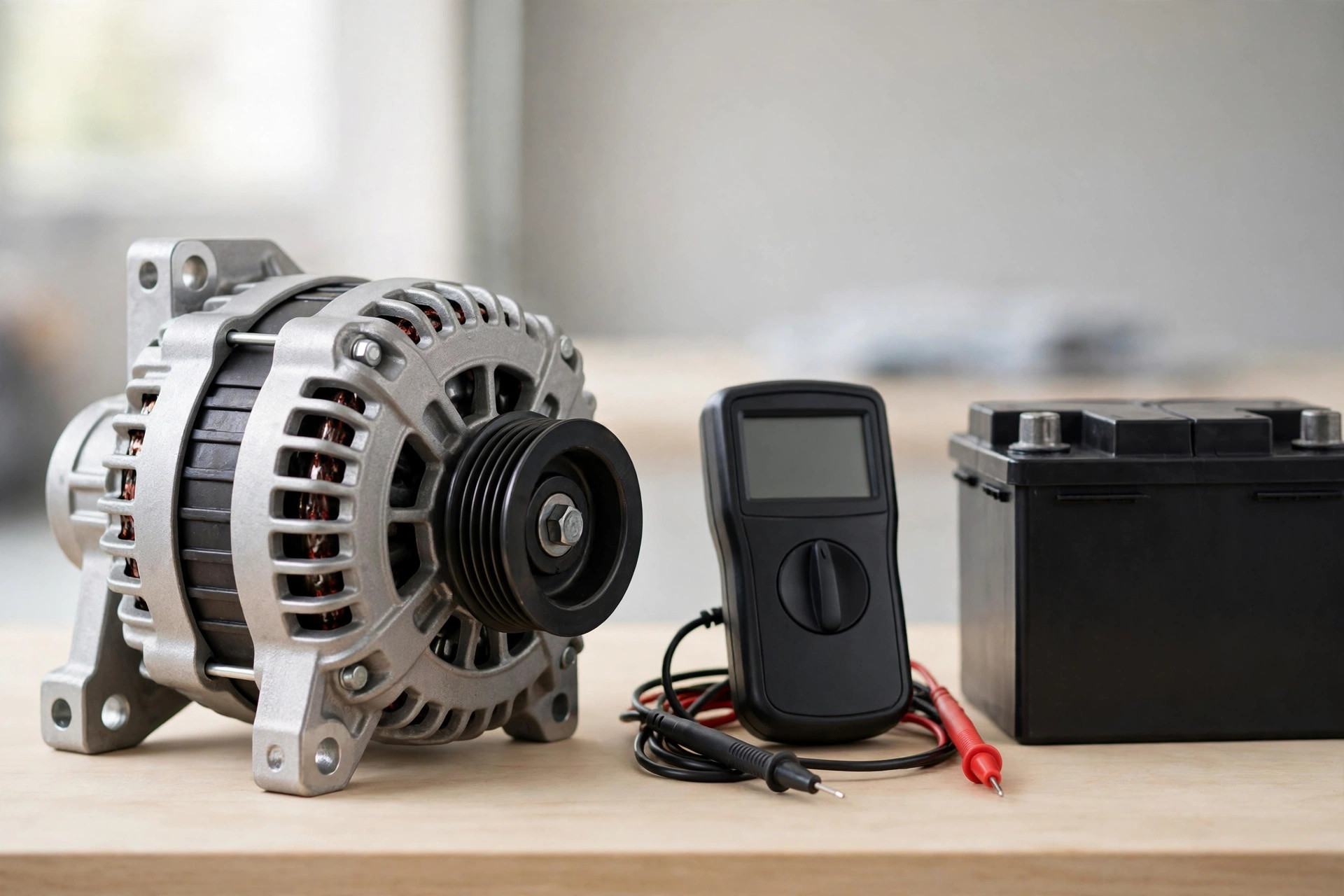 Alternator with a single ribbed pulley beside a multimeter and a car battery on a bench
