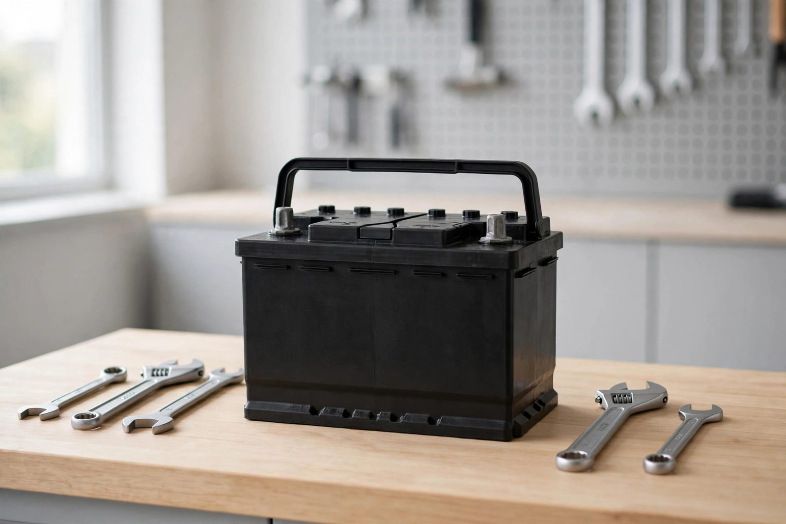 Car battery on a workbench with wrenches