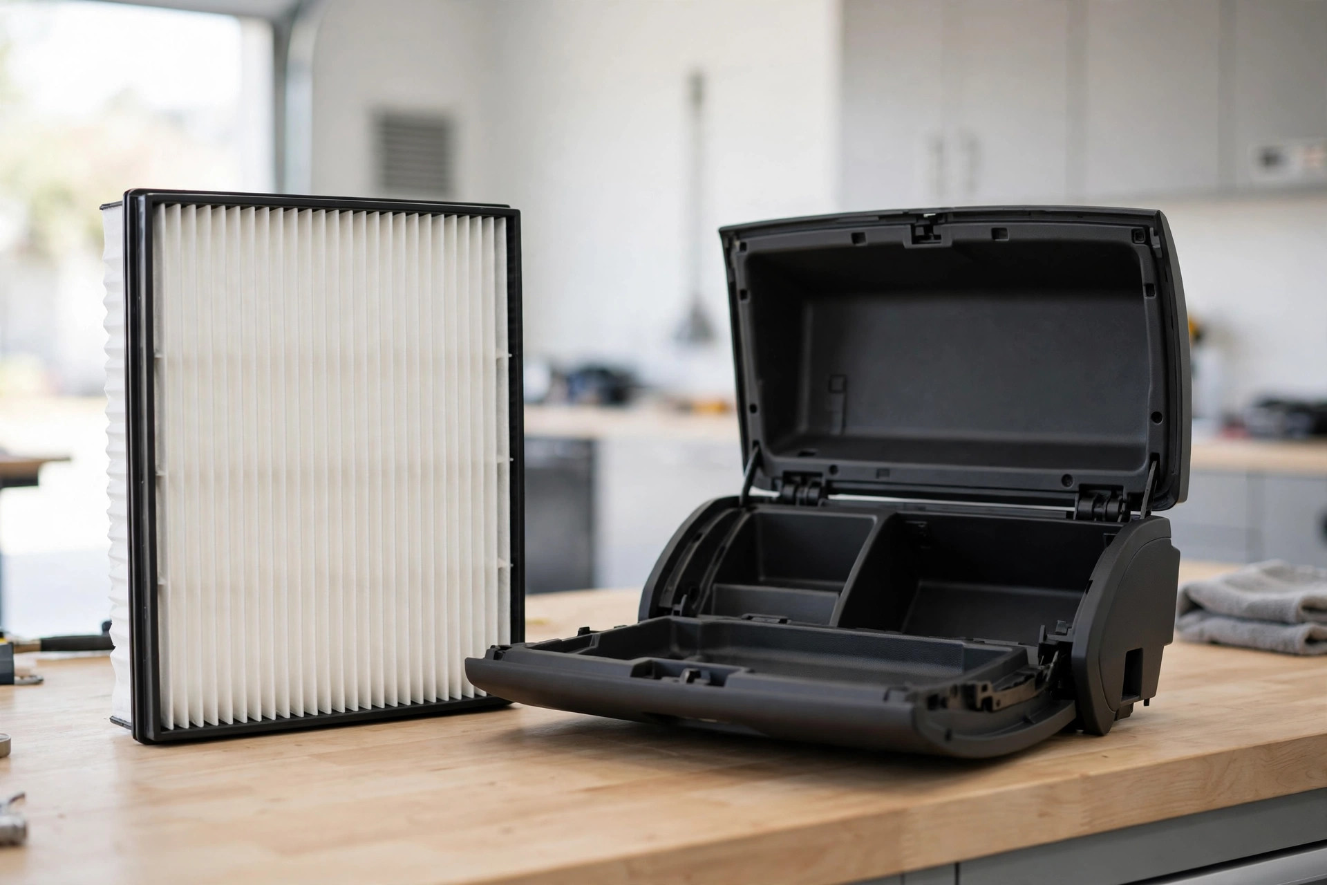 Pleated cabin air filter beside an open car glove box on a workbench