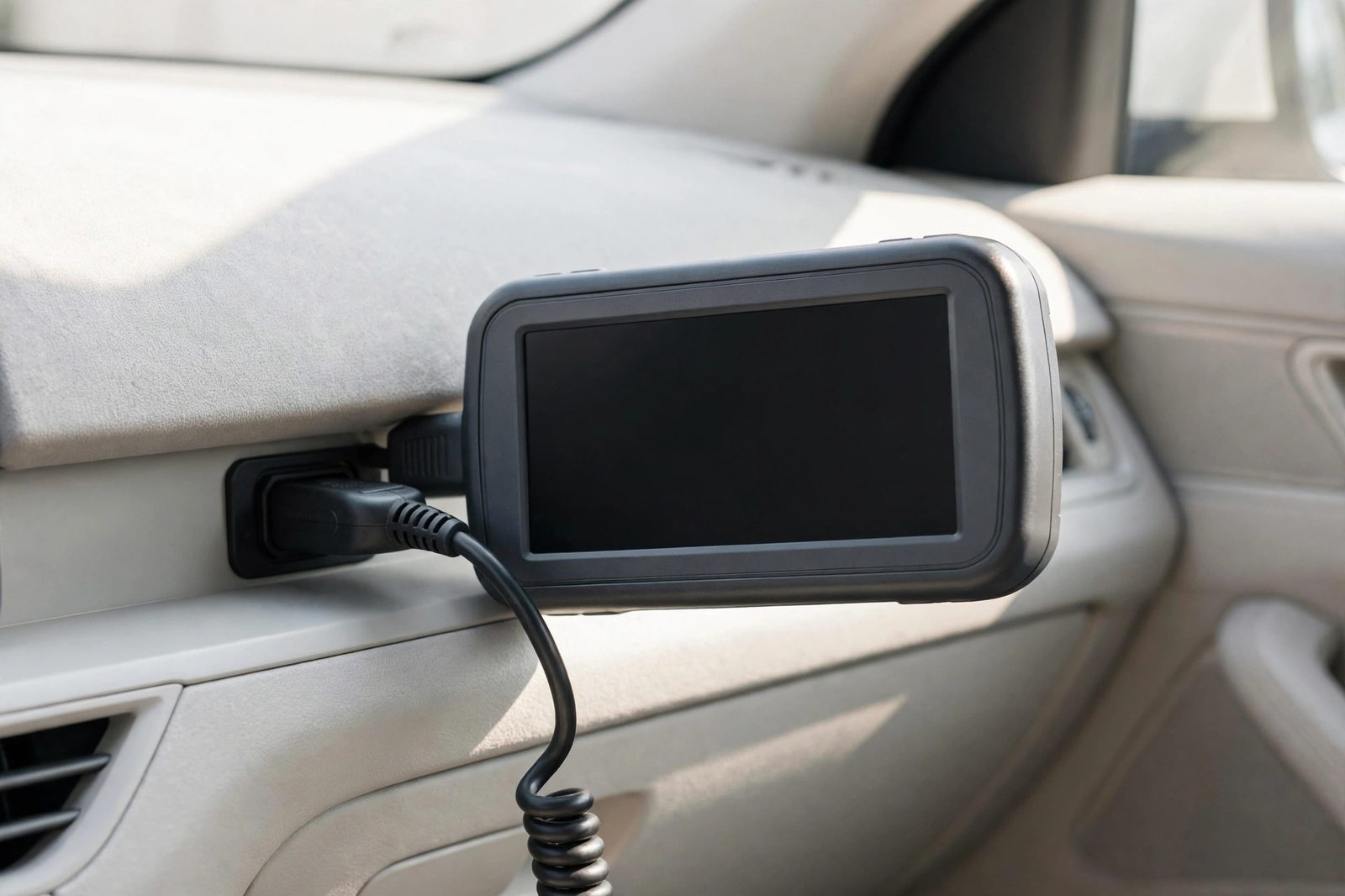 Diagnostic scanner with a blank screen plugged into a car