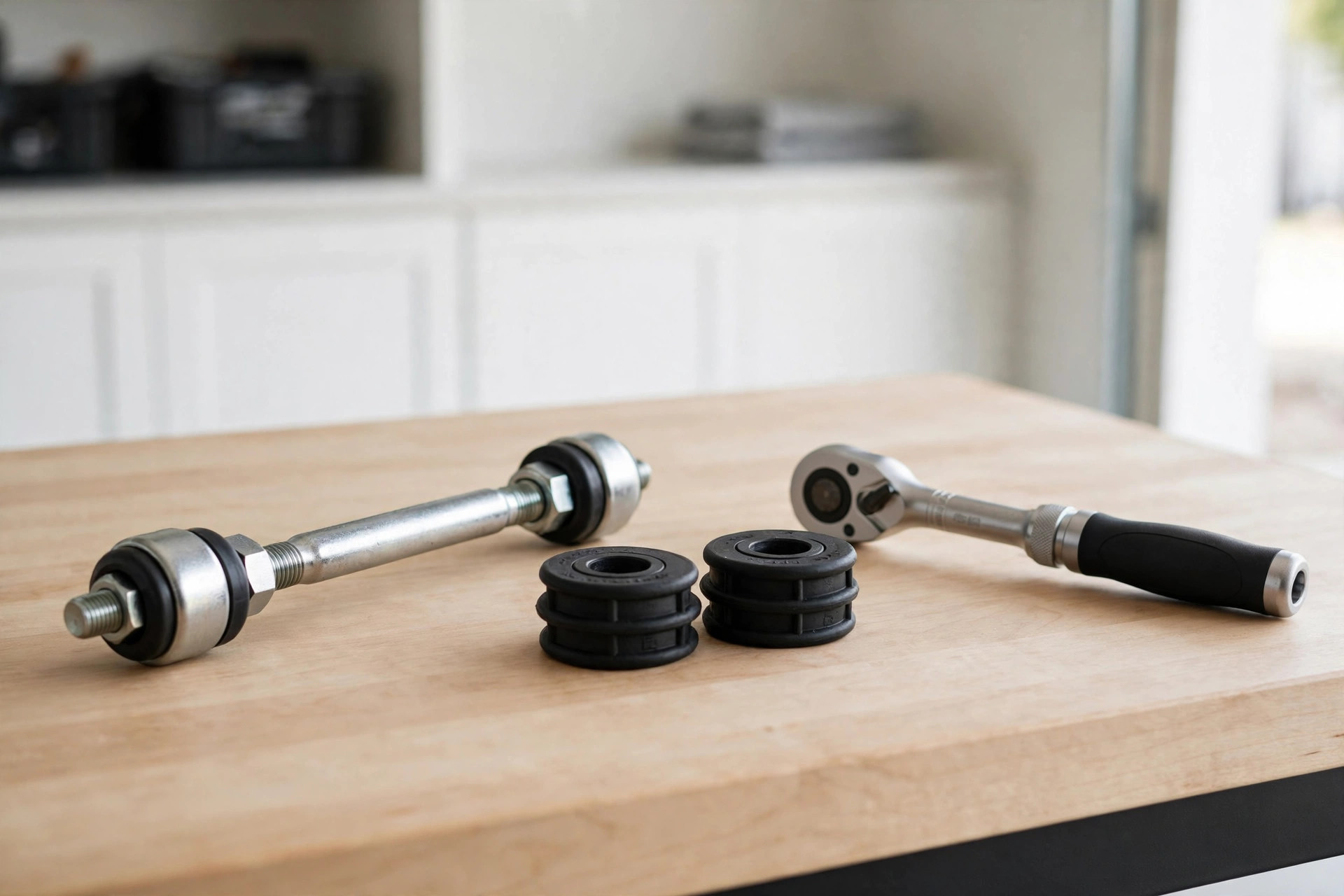 New sway bar end link and two rubber bushings on a workbench beside a wrench
