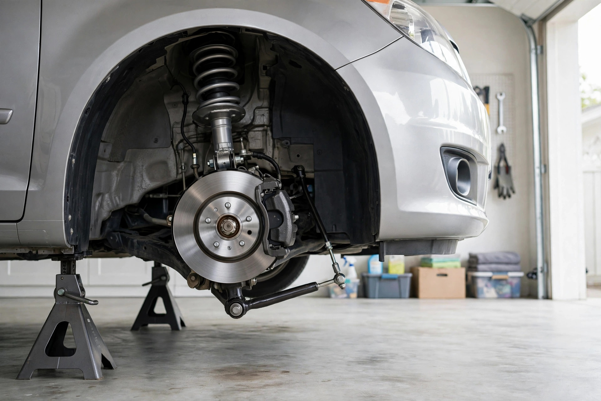 Minivan front suspension on jack stands with the wheel removed, sway bar link visible