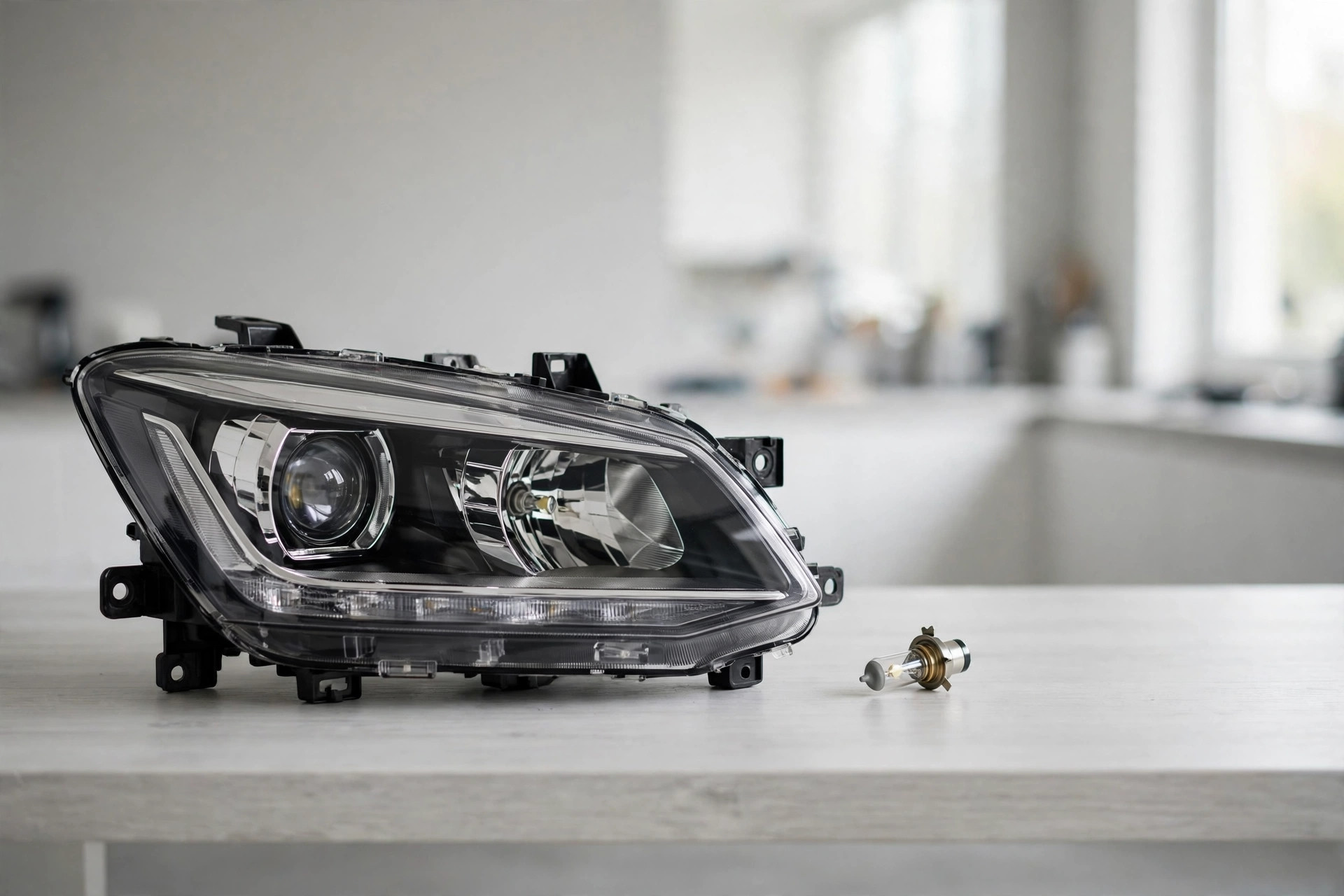 Car headlight assembly and a replacement halogen bulb on a workbench