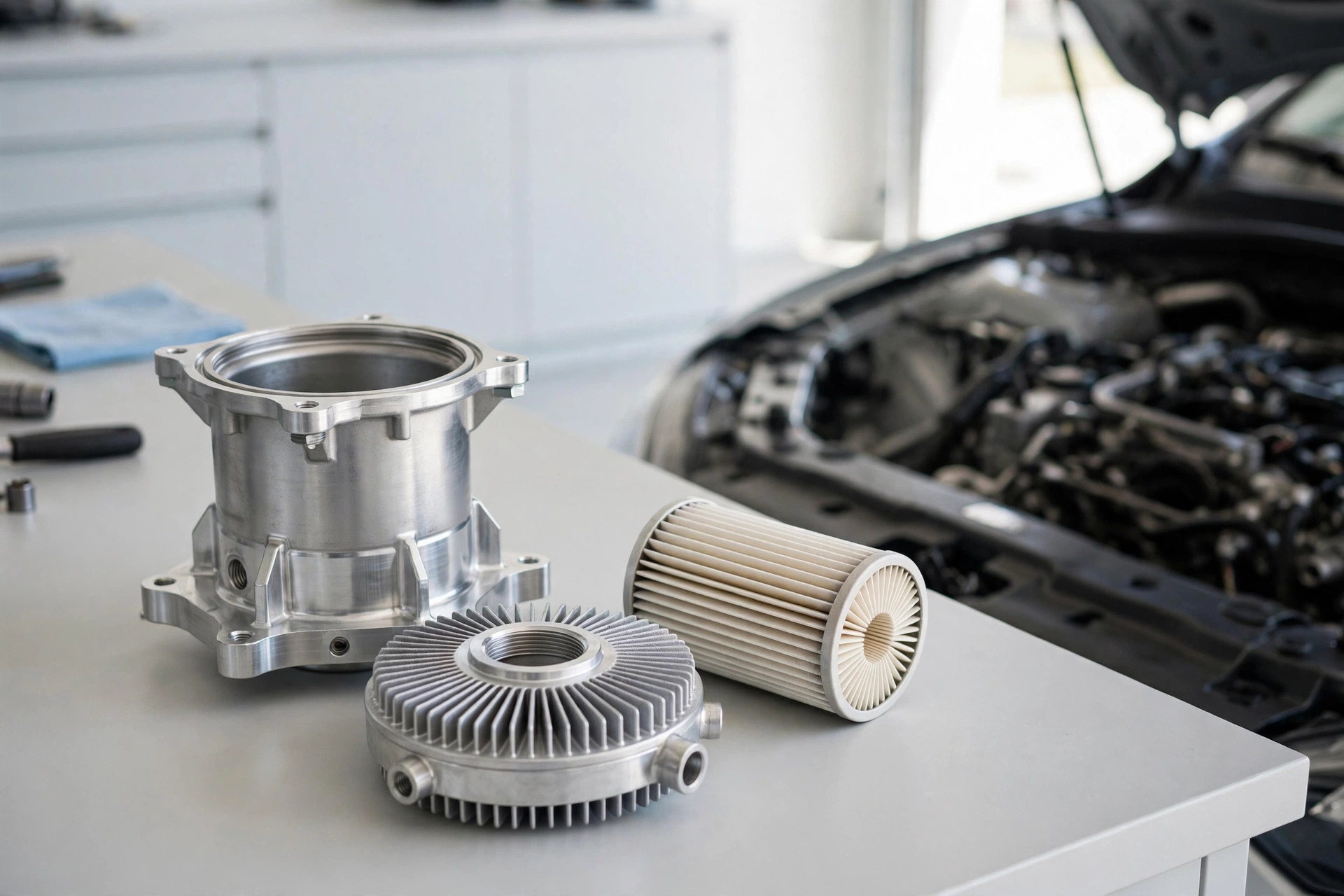 Aluminum oil filter housing, finned oil cooler, and pleated filter element on a workbench