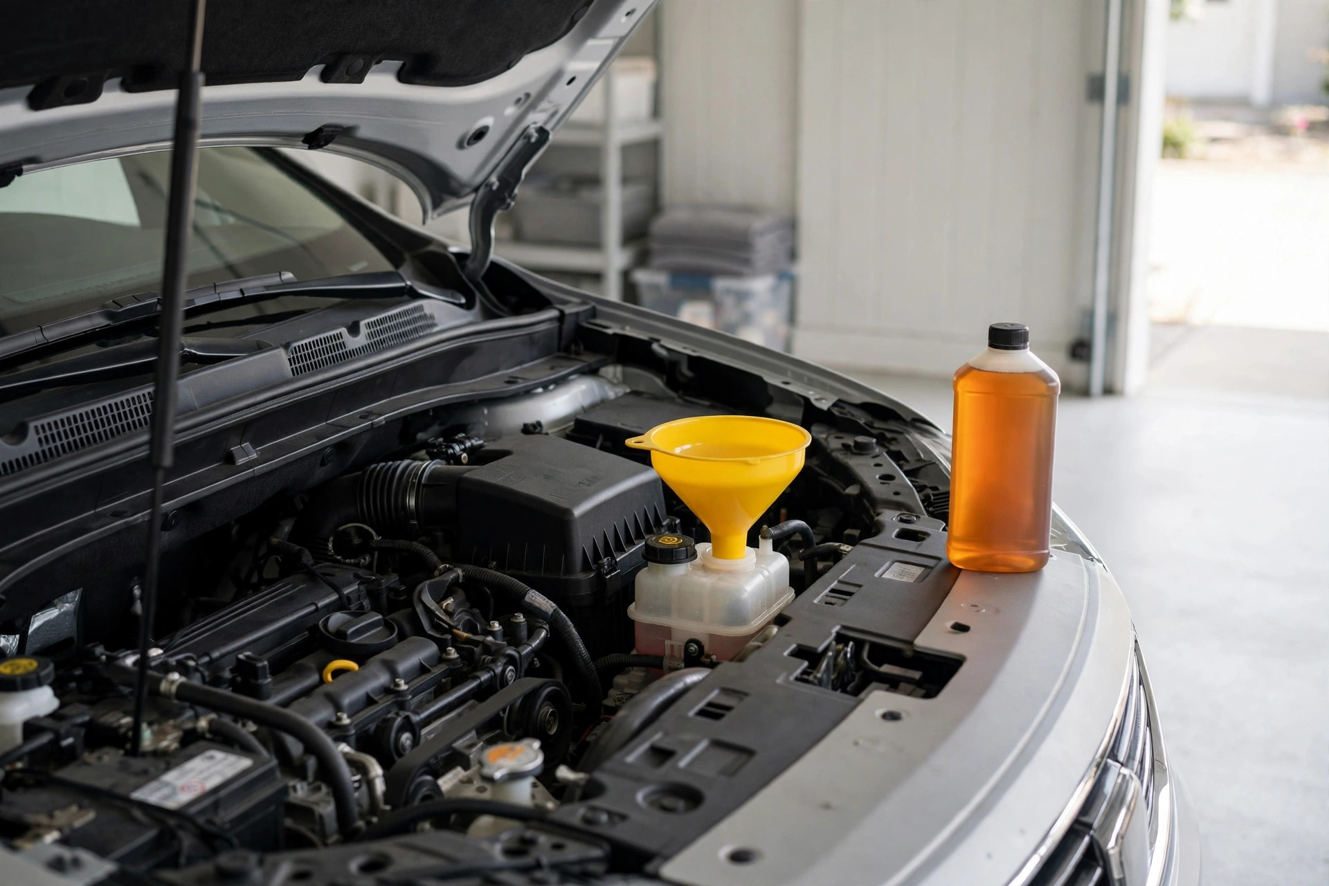 Funnel seated in a fluid reservoir under an open hood, bottle of amber fluid on the fender