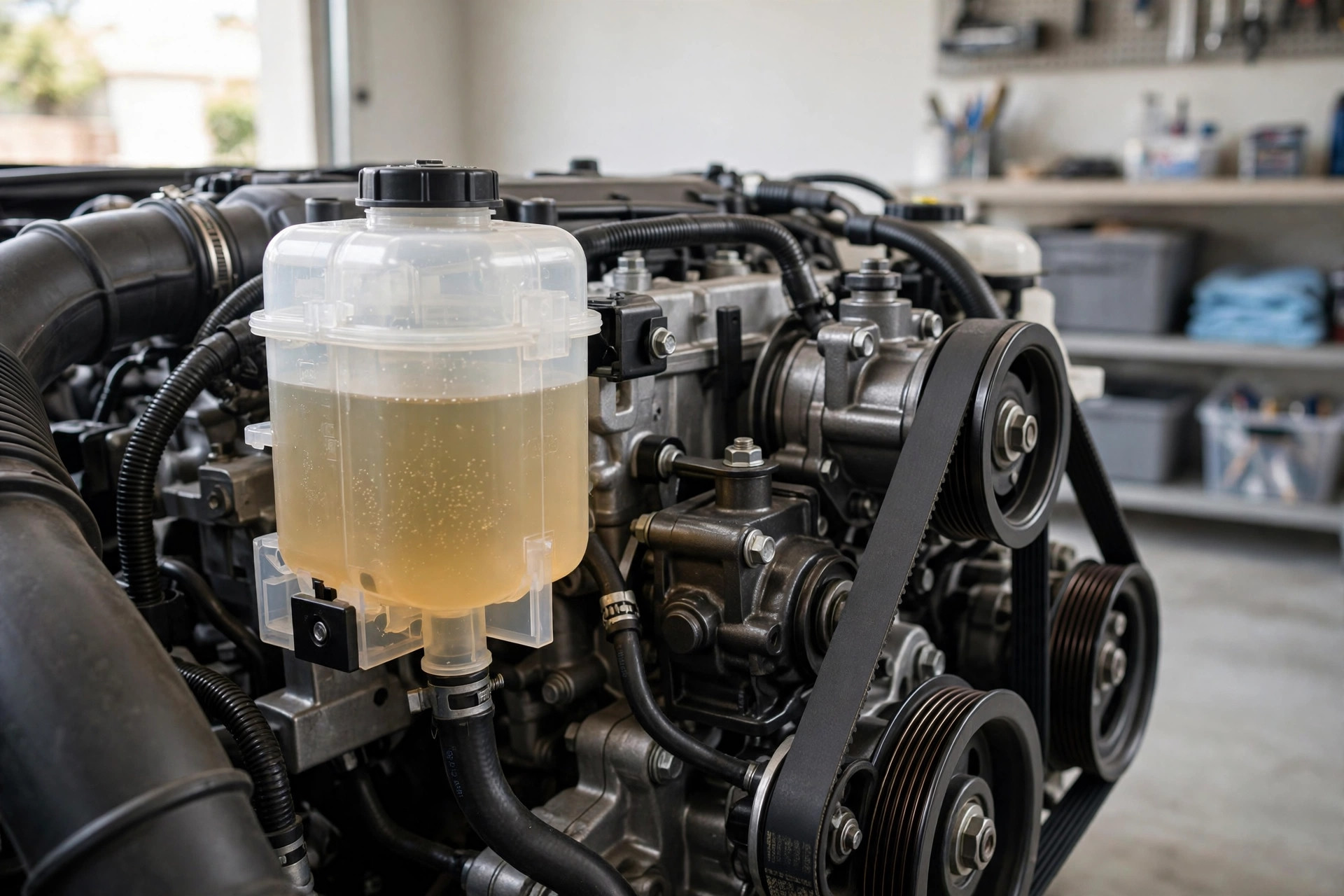 Power steering fluid reservoir, pump and serpentine belt in a minivan engine bay