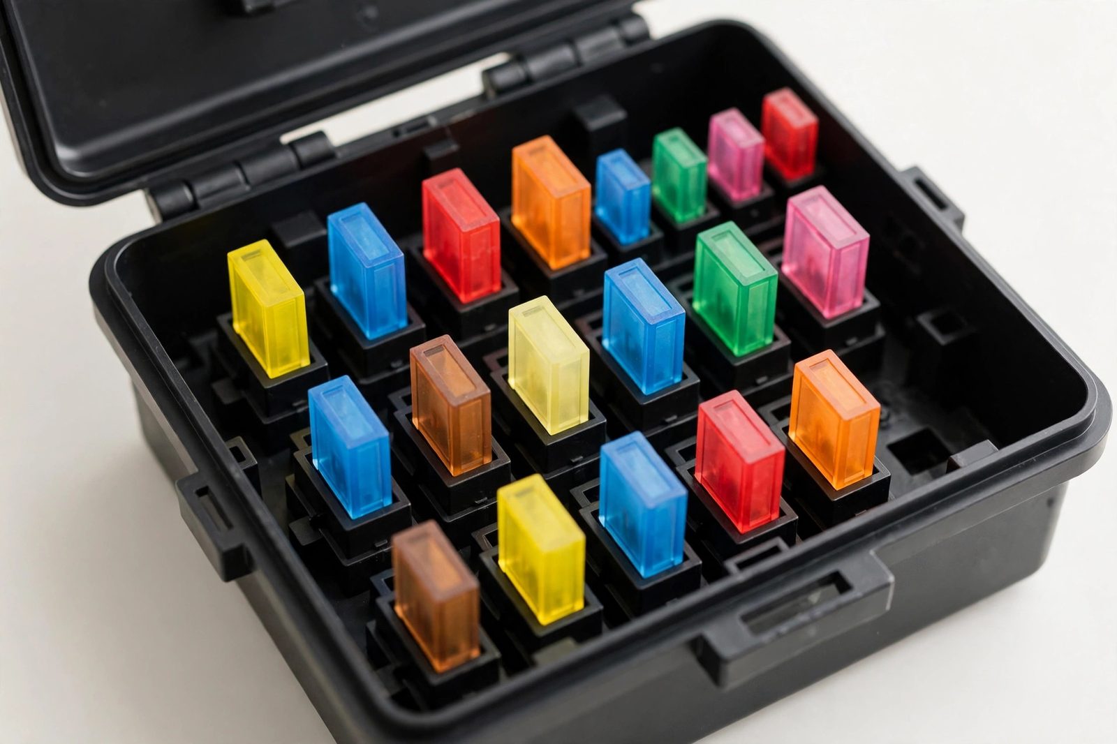 Open car fuse box with colorful fuses