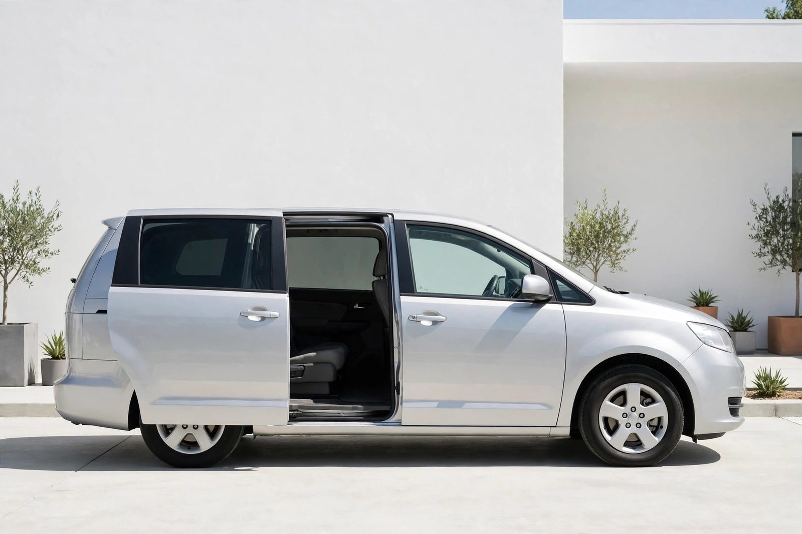 Silver minivan with its sliding door open in a driveway