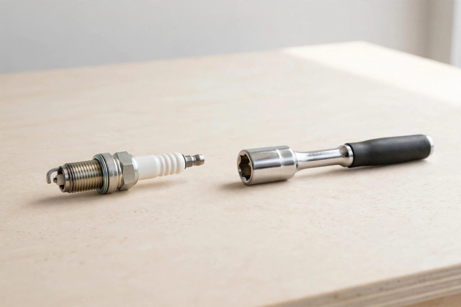 Spark plug and socket wrench on a bright garage workbench