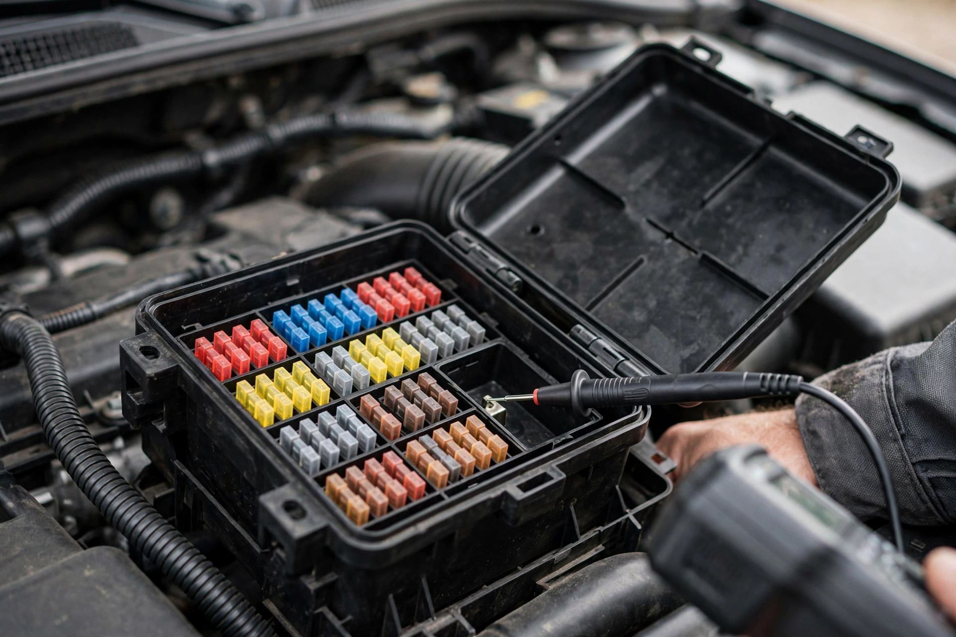 Open engine-bay fuse box with colorful mini blade fuses being tested with a meter probe